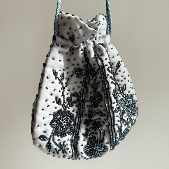 Light Grey Beaded Satin Drawstring Evening Purse - Picture 7 of 11